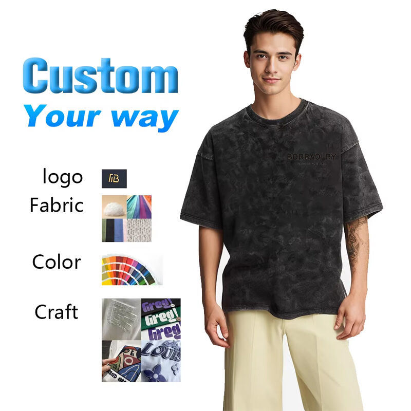 تی شرت مردانه پنبه ای با طرح هیپ هاپ سفارشی، چاپ پفکی، تبلیغاتی، فضای باز، یقه گرد وینتج، پوشاک خیابانی، رنگ شده با اسید