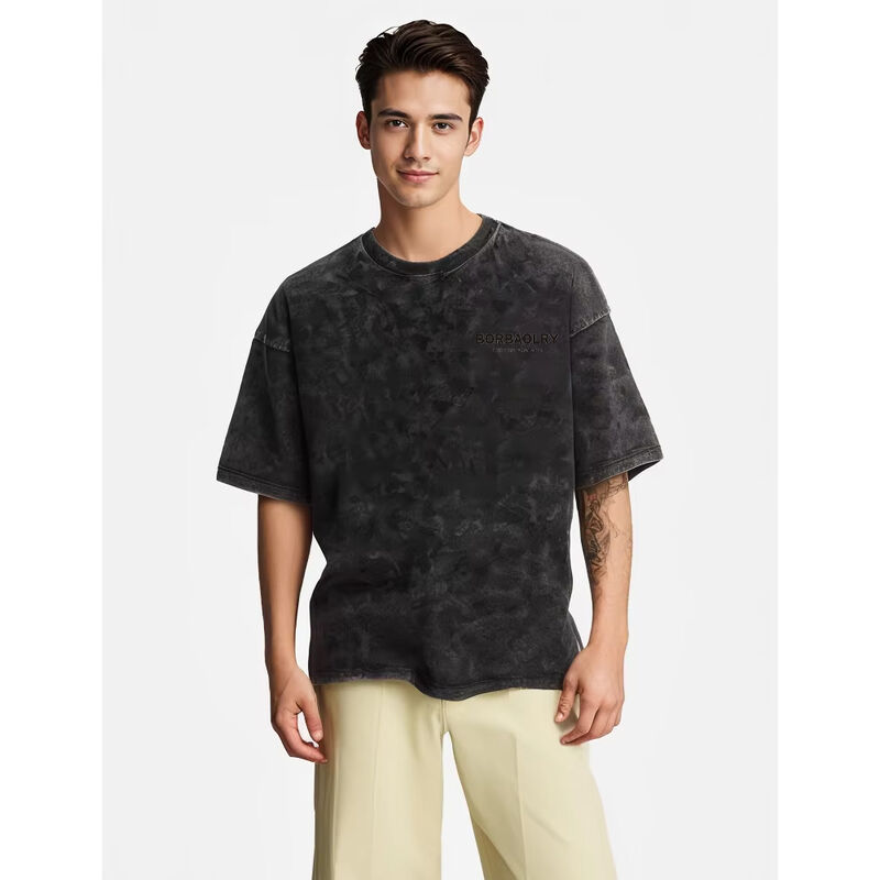 تی شرت مردانه پنبه ای با طرح هیپ هاپ سفارشی، چاپ پفکی، تبلیغاتی، فضای باز، یقه گرد وینتج، پوشاک خیابانی، رنگ شده با اسید