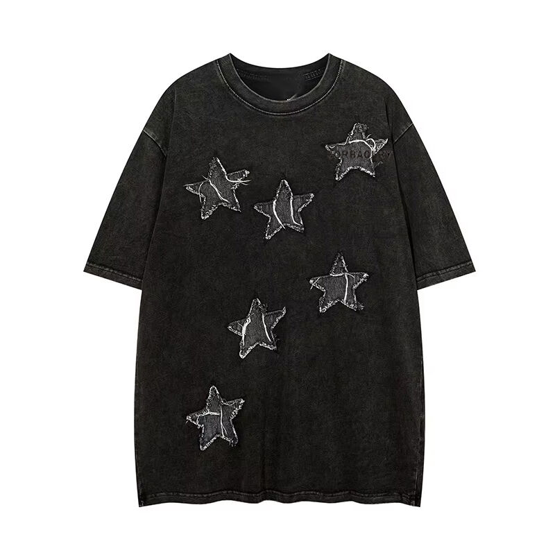 تیشرت یقه گرد استریت‌ور سفارشی با کیفیت بالا، گلدوزی وصله، تیشرت وینتج شسته شده با اسید