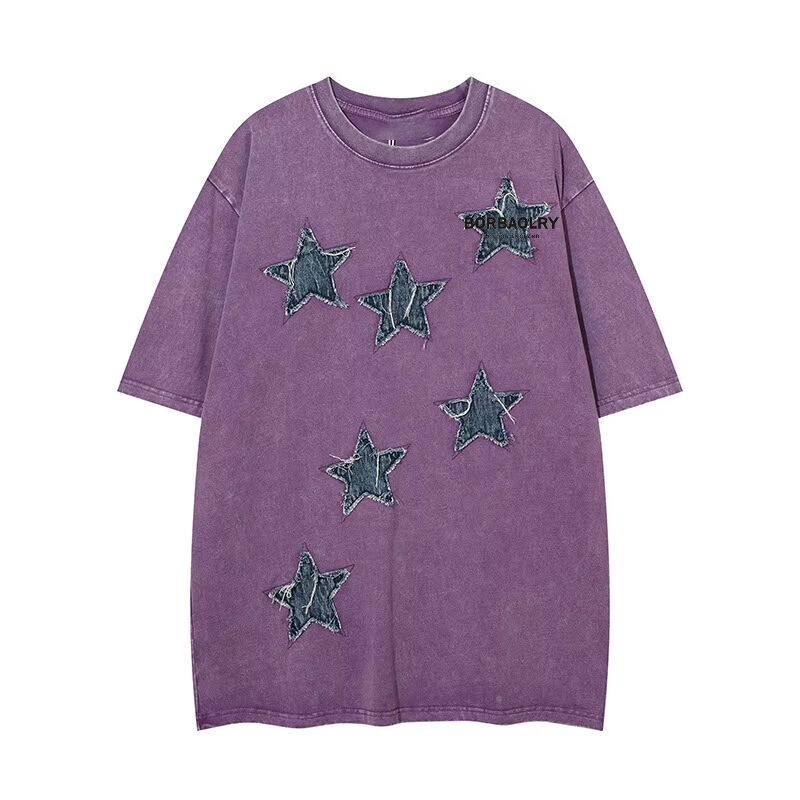 تیشرت یقه گرد استریت‌ور سفارشی با کیفیت بالا، گلدوزی وصله، تیشرت وینتج شسته شده با اسید