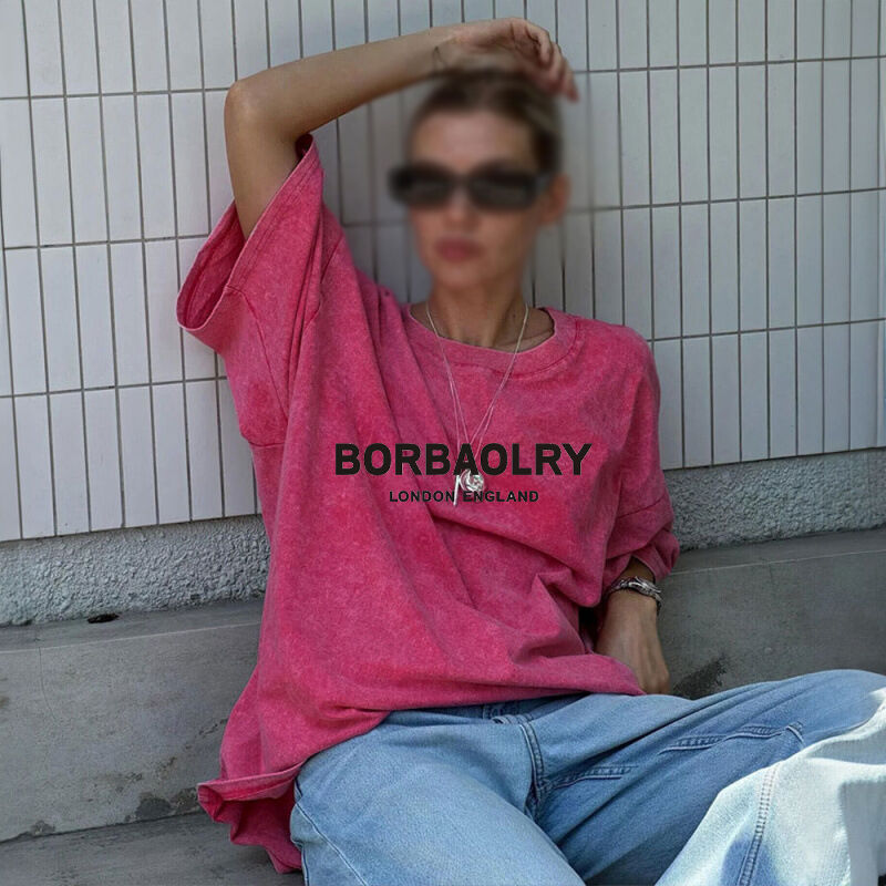 تی‌شرت نخی با کیفیت بالا، طرح گشاد، رنگ ساده، تی‌شرت شسته شده، تی‌شرت سنگین وینتج